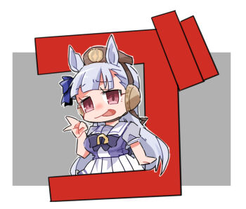 1girl :p animal_ears beer_hsk blue_bow border bow breasts brown_hat chibi commentary_request ear_bow ear_covers gold_ship_(umamusume) grey_background grey_hair hat horse_ears long_hair looking_at_viewer medium_breasts mini_hat pleated_skirt puffy_short_sleeves puffy_sleeves purple_bow purple_shirt red_eyes school_uniform shirt short_sleeves skirt solo tongue tongue_out tracen_school_uniform umamusume very_long_hair white_border white_skirt