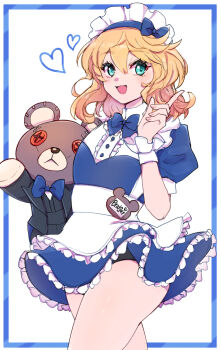 1boy aqua_eyes bike_shorts blonde_hair blue_border blue_bow blue_bowtie border bow bowtie bridget_(guilty_gear) character_name chemaru_(a8l) commentary_request dress english_text frilled_dress frilled_skirt frills guilty_gear guilty_gear_strive hair_between_eyes heart highres looking_at_viewer maid maid_headdress medium_hair open_mouth roger_(guilty_gear) short_shorts shorts skirt solo trap white_background