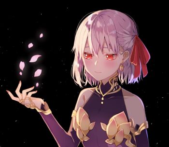 1girl armlet bare_shoulders black_background blush closed_mouth covered_collarbone detached_sleeves dress earrings fate/grand_order fate_(series) fingernails gold_armlet gold_earrings gold_ring gold_trim hair_between_eyes hair_ribbon half-closed_eyes hand_up highres jewelry kama_(assassin)_(first_ascension)_(fate) kama_(fate) kama_(first_ascension)_(fate) kama_(young)_(fate) long_fingernails long_sleeves looking_to_the_side mandarin_collar multiple_rings nail_polish petals pink_hair purple_dress purple_sleeves red_eyes red_nails red_ribbon ribbon ring short_hair simple_background single_earring sleeveless sleeveless_dress smile solo upper_body yunoji_(onigiri_yumi09)