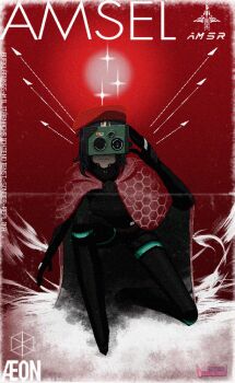 absurdres android arm_up beret black_hair cape commentary commission english_commentary full_body hat highres hmkr_unit night_vision_device on_one_knee red_background red_cape red_hat robot_girl short_hair signalis solo star_(sky)