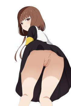 1girl angry anus ass black_dress blunt_bangs blush breasts brown_eyes brown_hair cleft_of_venus closed_mouth coro_fae dress feet_out_of_frame from_behind from_below highres iino_miko kaguya-sama_wa_kokurasetai_~tensai-tachi_no_renai_zunousen~ kneepits legs long_hair looking_at_viewer low_twintails no_panties pussy school_uniform shuuchiin_academy_school_uniform simple_background skirt solo twintails white_background wind wind_lift