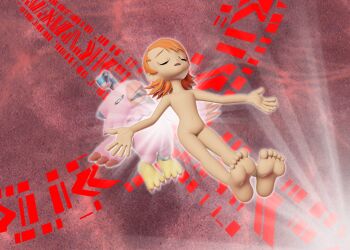 barefoot biomerge bird completely_nude digimon digimon_(creature) digimon_adventure feet foot_focus fusion highres loli matrix_evolution moaning nude orange_hair piyomon short_hair soles takenouchi_sora toei_company toes transformation