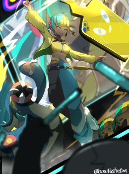 1girl ;d arm_up bandeau belt black_belt blunt_bangs blurry bo_(bouillustration) canari_(pokemon) commentary depth_of_field eelektross eyelashes gen_4_pokemon gen_5_pokemon glowstick happy highres holding holding_glowstick jacket long_sleeves midriff multicolored_hair nintendo one_eye_closed open_clothes open_jacket open_mouth pants pokemon pokemon_(creature) pokemon_legends:_z-a rotom rotom_phone shoes smile stage standing teeth twitter_username upper_teeth_only white_shoes yellow_bandeau yellow_jacket