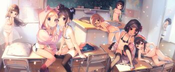 6+girls animal_print black_ribbon blue_eyes blue_ribbon blush board_eraser bra braid cat_print chair chalk chalkboard cherry_blossoms denim glasses hair_ribbon heart heart_print henreader highres hood hoodie jeans light_switch loli long_hair map multiple_girls original panties pants petals pillow pink_hoodie red_ribbon red_skirt ribbon shirt short_hair skirt source_request table take_your_pick thighhighs translation_request twin_braids underwear white_shirt world_map