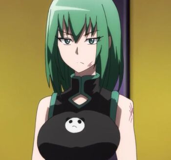 Rule 34 | 1girl, anime screenshot, annoyed, battle damage, breasts, china dress, chinese clothes, dress, green eyes, green hair, hair down, large breasts, non-web source, official art, satohiko sano, shaman king, solo, straight hair, tao jun