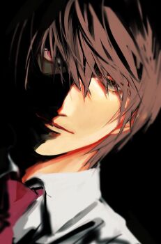 1boy black_background brown_hair closed_mouth collared_shirt death_note hair_between_eyes heterochromia highres looking_at_viewer male_focus necktie pan2ca partially_shaded_face red_eyes red_necktie shirt short_hair sketch solo upper_body yagami_light