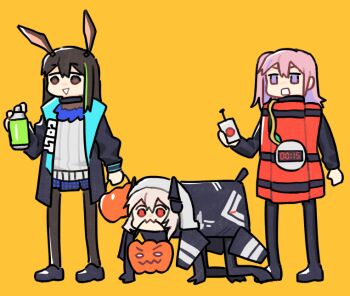 3girls amiya_(arknights) animal_ears arknights brown_hair crossover dinergate_(girls'_frontline) donkey_ears dynamite explosive girls'_frontline halloween halloween_bucket halloween_costume jack-o'-lantern m4_sopmod_ii_(girls'_frontline) m4a1_(girls'_frontline) multiple_girls rabbit_ears st_ar-15_(girls'_frontline) suicide_bomb timer trick-or-treating vento