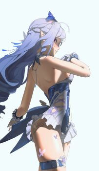 1girl absurdres ahoge animal_print ass backless_swimsuit blue_background bow breasts butterfly_print clothing_cutout commentary cowboy_shot drill_hair drill_sidelocks frilled_one-piece_swimsuit frilled_wrist_cuffs frills from_side hair_bow hand_on_own_chest highres long_hair looking_at_viewer medium_breasts octopuss official_alternate_costume one-piece_swimsuit pink_bow pointy_ears purple_hair red_eyes shadow sideboob_cutout sidelocks solo stomach_cutout swimsuit thigh_strap two-tone_one-piece_swimsuit vivian_banshee vivian_banshee_(iris_of_the_shore) white_one-piece_swimsuit wrist_cuffs zenless_zone_zero