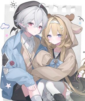 ahoge bad_source blue_eyes hair_between_eyes hair_ornament highres long_hair long_sleeves looking_at_viewer multiple_girls red_eyes sailor_collar school_uniform shirt sitting white_shirt yuanyunyu_3y