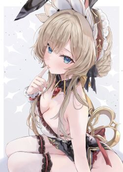 1girl animal_ears automaton_(object) bare_shoulders blue_eyes braid breasts brown_hair bun_with_braided_base cleavage closed_mouth fake_animal_ears finger_to_mouth frilled_thigh_strap from_above genshin_impact hand_up highres index_finger_raised looking_at_viewer maruro rabbit_ears sandrone_(genshin_impact) short_hair_with_long_locks sitting solo thigh_strap thighhighs tongue white_thighhighs