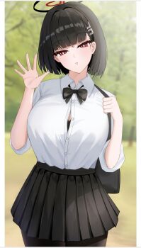 1girl alternate_costume black_bow black_bowtie black_hair black_halo black_pantyhose black_skirt blue_archive bow bowtie breasts bright_pupils collared_shirt doham dress_shirt halo hands_up highres large_breasts looking_at_viewer medium_hair multicolored_halo outdoors pantyhose parted_lips partially_unbuttoned pleated_skirt red_eyes red_halo rio_(blue_archive) shirt shirt_tucked_in skirt solo two-tone_halo