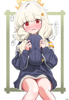 1girl ? aoba_(blue_archive) armband blonde_hair blue_archive blue_hat blue_jacket blush border bow bowtie commentary_request fluffy_hair flying_sweatdrops green_border grey_skirt hair_ornament hairclip halo hat highres jacket long_hair long_sleeves looking_at_viewer low_twintails newsboy_cap open_mouth orange_armband orange_halo partial_commentary peaked_cap pencil_skirt red_eyes sign sitting skirt solo spoken_question_mark sweatdrop taichi_(taichi_bookcafe) twintails unworn_hat unworn_headwear white_background yellow_armband yellow_bow yellow_bowtie