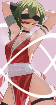 abs absurdres armband armpits arms_up ass black_choker blush breasts choker cleavage cosplay covered_eyes cowboy_shot fatal_fury from_below green_hair hand_fan highres hip_bones legs medium_breasts paper_fan pelvic_curtain pink_background shiranui_mai shiranui_mai_(cosplay) sideboob simple_background small_breasts sousou_no_frieren steam sweat sweatdrop ubel_(sousou_no_frieren) upper_body xvrh8558