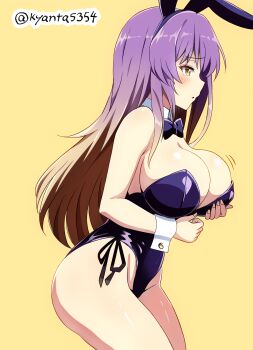 1girl animal_ears artist_name ass bare_legs blush_stickers bow bowtie breasts cleavage commentary_request detached_collar facing_away fake_animal_ears gradient_hair highres hijiri_byakuren kyanta5354 large_breasts leotard long_hair motion_lines multicolored_hair open_mouth orange_hair partial_commentary playboy_bunny purple_hair purple_leotard shy signature simple_background solo strapless strapless_leotard thighs touhou twitter_username wrist_cuffs yellow_background yellow_eyes