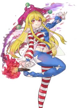 1girl blonde_hair blue_pants clownpiece dynamic_pose fairy_wings gonglijeongli hat highres holding holding_torch jester_cap long_hair pants red_eyes smile striped_clothes torch touhou wings