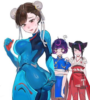 3girls absurdres ass black_hair blue_bodysuit bodysuit breasts brown_eyes brown_hair capcom chun-li chun-li_(cosplay) clothes_swap colored_bangs cosplay costume_switch crossover han_juri highres huge_ass juno_(overwatch) juno_(overwatch)_(cosplay) kiriko_(overwatch) kiriko_(overwatch)_(cosplay) large_breasts multicolored_hair multiple_girls overwatch overwatch_2 pink_eyes purple_eyes purple_hair street_fighter street_fighter_6 usio_0w0