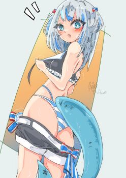 1girl absurdres ass back bikini bikini_tug blue_eyes blush commentary_request exercising fang fins fish_tail fitness_boxing_feat._hatsune_miku:_isshoni_exercise from_behind gawr_gura hair_ornament highres hololive hololive_english idol_clothes looking_at_viewer looking_back multicolored_hair onihime_takun open_mouth shark_girl shark_hair_ornament shark_tail short_twintails signature simple_background solo streaked_hair sweat swimsuit swimsuit_under_clothes tail twintails virtual_youtuber white_hair