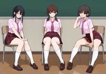 3girls absurdres be9459 black_hair bob_cut brown_hair brown_shoes chair collared_shirt highres indoors kneehighs loafers long_hair low_twintails multiple_girls necktie on_chair original pink_shirt pleated_skirt purple_necktie red_skirt school_uniform shirt shoes sitting skirt socks thighs twintails white_socks