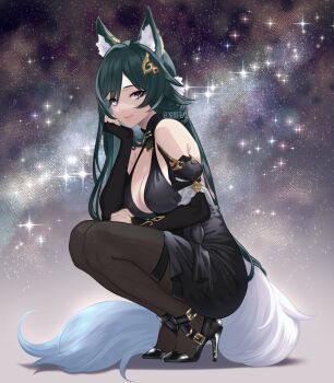 1girl absurdres animal_ears bare_shoulders black_dress breasts cleavage dress eushufeal fox_ears fox_tail full_body gold green_hair high_heels highres honkai:_star_rail honkai_(series) jewelry kitsune large_breasts long_hair looking_at_viewer non-web_source pantyhose purple_eyes shine smile solo squatting tail yukong_(honkai:_star_rail)