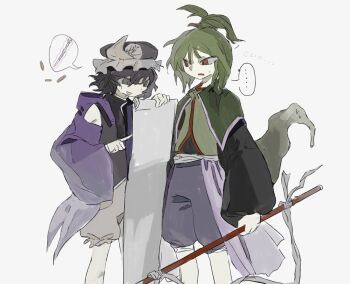 ... 2others adagumo_no_saragimaru androgynous annoyed bare_legs bare_shoulders black_shirt blue_shorts capelet coattails coin collared_shirt cowboy_shot detached_hood dot_nose fang frilled_headwear frilled_shorts frills frown furrowed_brow glowing glowing_sword glowing_weapon gold_coin green_capelet green_hair green_vest grey_shorts hair_between_eyes hair_ornament happy hashtag-only_commentary hat height_difference high_collar high_ponytail holding holding_polearm holding_scroll holding_weapon hood hood_down hooded_jacket jacket japanese_clothes knees len&#039;en list long_sleeves looking_at_another medium_skirt mob_cap multiple_others naginata open_clothes open_jacket open_mouth other_focus perro090119 pleated_skirt pointing polearm ponytail puffy_shorts purple_eyes purple_hair purple_hat purple_jacket purple_skirt red_eyes scroll shirt shitodo_kuroji short_hair short_ponytail shorts shorts_under_skirt showgirl_skirt simple_background skirt sleeveless sleeveless_shirt sleeves_past_wrists smile snake_hair_ornament snake_tail speech_bubble split_ponytail spoken_ellipsis spoken_object standing sweatdrop sword_of_kusanagi tail tasouken triangular_headpiece vest weapon white_background wide_sleeves zipper