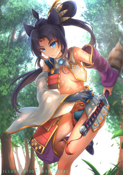 1girl armor asymmetrical_clothes asymmetrical_sleeves black_hair blue_eyes blue_gloves breast_curtains breasts commentary_request dappled_sunlight day detached_sleeves fate/grand_order fate_(series) feather_hair_ornament feathers fighting_stance forest gloves hair_ornament hat holding holding_sheath holding_sword holding_weapon japanese_armor katana kusazuri long_hair medium_breasts mismatched_sleeves nature open_mouth outdoors parted_bangs purple_sleeves ready_to_draw revealing_clothes scabbard sheath shoulder_armor side_ponytail single_glove single_pantsleg skyde_kei sode solo sunlight sword tassel tate_eboshi ushiwakamaru_(fate) ushiwakamaru_(second_ascension)_(fate) very_long_hair weapon white_sleeves wide_sleeves