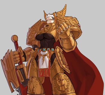 1girl aquila_(symbol) armor bodysuit bodysuit_under_clothes breasts cape chainsword commentary covered_abs faulds full_armor gauntlets genderswap genderswap_(mtf) gold_armor gorget grey_background highres holding holding_sword holding_weapon huge_weapon imperial_fists large_breasts loincloth muscular muscular_female pauldrons planted planted_sword planted_weapon podobrick primarch red_cape rogal_dorn shoulder_armor solo sword tomboy undercut warhammer_40k weapon white_hair yellow_eyes