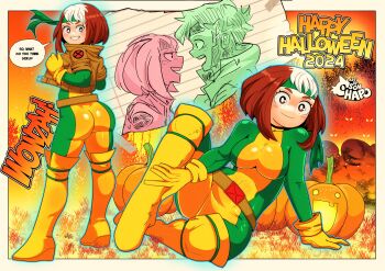 1boy 1girl absurdres ass bodysuit boku_no_hero_academia boots breasts brown_eyes brown_hair brown_jacket closed_mouth cosplay cropped_jacket english_text gambit gambit_(cosplay) gloves green_bodysuit green_headband headband highres jack-o'-lantern jacket marvel medium_breasts midoriya_izuku multicolored_bodysuit multicolored_hair multiple_views rogue_(x-men) smile sonchapo speech_bubble superhero_costume thigh_boots two-tone_bodysuit two-tone_hair uraraka_ochako white_hair x-men yellow_bodysuit yellow_gloves