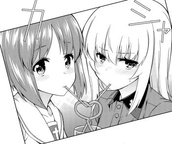 Rule 34 | 2girls, blush, collared shirt, crazy straw, dnamc2012, drinking, drinking straw, girls und panzer, grey shirt, greyscale, heart straw, itsumi erika, kuromorimine military uniform, long hair, monochrome, multiple girls, nishizumi miho, ooarai school uniform, photo (object), school uniform, serafuku, shirt, short hair, white serafuku, yuri