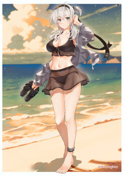 1girl absurdres beach bikini bikini_skirt black_bikini black_headband blue_sky breasts cleavage cloud commission day full_body grey_hair hair_between_eyes headband highres holding holding_sandals horizon kantai_collection large_breasts long_hair looking_at_viewer ocean one_side_up outdoors sandals see-through_clothes see-through_skirt shiomugi_(shio_mugi1107) skeb_commission skirt sky solo suzutsuki_(kancolle) suzutsuki_(swimsuit)_(kancolle) swimsuit unworn_sandals watermark
