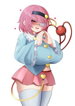 1girl absurdres black_hairband blue_shirt blush breasts curvy eyepatch hairband heart heart-shaped_pupils highres huge_breasts komeiji_satori long_sleeves miniskirt open_mouth own_hands_clasped own_hands_together pink_eyes pink_hair pink_skirt red_eyes shinonome_zakuro shirt short_hair simple_background skirt smile solo symbol-shaped_pupils teeth thighhighs third_eye touhou upper_teeth_only variant_set white_background white_thighhighs wide_sleeves yandere