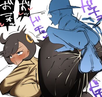 1boy 1girl :o absurdres age_difference ahegao ahoge blush breast_press breasts brown_hair clothed_sex doggystyle emma_(pokemon) heart highres huge_breasts huge_testicles japanese_text looking_back medium_hair nintendo open_mouth pokemon pokemon_legends:_z-a sagging_testicles sex sex_from_behind shota simple_background size_difference speech_bubble testicles tongue tongue_out vaginal white_background