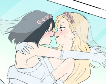 2girls :d ^_^ aged_up bare_shoulders black_hair blonde_hair breast_press bridal_veil bride closed_eyes couple dress elbow_gloves facial_scar female_focus flower from_side gloves hair_flower hair_ornament hand_on_another's_back hand_on_another's_shoulder happy hug kirarazaka_marina kuze_shizuka long_hair multiple_girls mutual_hug open_mouth photo_(object) pottode profile scar scar_on_cheek scar_on_face see-through_clothes see-through_veil smile takopii_no_genzai upper_body veil wedding_dress white_dress white_gloves wife_and_wife yuri