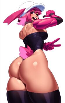 1girl animal_ears ass ass_focus back backboob bare_shoulders breasts cherry_(zephyr_gales) detached_sleeves gloves hat huge_ass looking_at_viewer looking_back mechanical_arms medium_breasts muscular muscular_female open_mouth pink_eyes pink_hair pointing pointing_at_self rabbit_ears rabbit_tail single_mechanical_arm smile sotcho tail teeth thighhighs upper_body v white_background