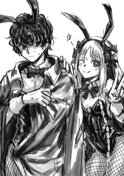 Rule 34 | 1boy, 1girl, :q, animal ears, baixiang1234567, blush, bow, bowtie, breasts, commentary request, crossdressing, crossdressing (mtf), detached collar, fake animal ears, fate/strange fake, fate (series), fishnet pantyhose, fishnets, francesca prelati (fate), greyscale, hand on another's shoulder, height difference, highres, jacket, jacket on shoulders, leotard, long hair, looking at another, looking at viewer, monochrome, one eye closed, pantyhose, playboy bunny, rabbit ears, ringed eyes, short hair, sigma (fate), small breasts, smile, sweat, tongue, tongue out, v, very long hair, wavy hair