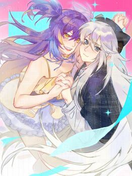 Rule 34 | 2girls, animal ears, black shirt, blue eyes, cat ears, dress, highres, long hair, multicolored hair, multiple girls, original, purple hair, shirt, wenxiang233333, white dress, white hair, white shirt, yellow dress, yellow eyes