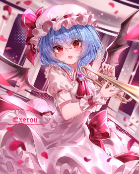 1girl absurdres artist_name ascot bat_wings blue_hair blush bow brooch commentary_request dress falling_petals fang hat hat_bow highres holding holding_instrument holding_trumpet instrument jewelry looking_at_viewer medium_hair mob_cap open_mouth petals pink_dress pink_hat puffy_short_sleeves puffy_sleeves red_ascot red_bow red_eyes red_petals remilia_scarlet short_sleeves skin_fang smile solo top-exerou touhou trumpet wings wrist_cuffs