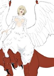 Rule 34 | 1girl, blonde hair, breasts, chimera, dungeon meshi, falin touden, falin touden (chimera), feathered wings, highres, large breasts, looking at viewer, monster girl, navel, nyamo, open mouth, short hair, shouting, simple background, slit pupils, solo, white background, wings, yellow eyes