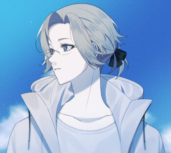 Rule 34 | 1boy, aotsuki eito, aquam0n1ca, black bow, bow, collarbone, commentary, glasses, grey hair, hair bow, highres, jacket, looking to the side, male focus, open clothes, open jacket, parted lips, ponytail, purple eyes, shirt, short hair, short ponytail, sky, solo, the hundred line -last defense academy-, upper body, variant set, white jacket, white shirt