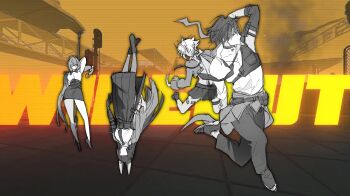 1boy 3girls absurdres animal_ears asaba_harumasa fox_ears fox_girl greyscale_with_colored_background hackmemme high_heels highres hoshimi_miyabi jacket long_skirt loose_necktie multiple_girls necktie oni pants pencil_skirt shirt shoes skirt soukaku_(zenless_zone_zero) tsukishiro_yanagi zenless_zone_zero zzz_wipeout