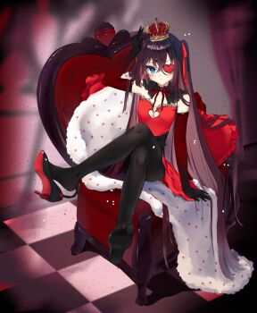 Rule 34 | 1girl, arm up, armchair, bare shoulders, black pantyhose, black shoes, blue eyes, blurry, blurry background, blush, breasts, brown hair, chair, cleavage, closed mouth, commentary, crossed bangs, crossed legs, crown, dear arisu, dress, elbow gloves, english commentary, eyepatch, full body, gloves, hair between eyes, heart, heart eyepatch, high heels, highres, long hair, looking at viewer, no shoes, original, pantyhose, red dress, red gloves, shoe dangle, shoes, sitting, small breasts, solo, toes, very long hair