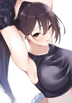 1girl absurdres armpits arms_up azur_lane bare_shoulders black_gloves black_tank_top blurry blush breasts brown_hair collarbone commentary crop_top depth_of_field from_above gloves high_ponytail highres jumpsuit large_breasts long_hair looking_at_viewer nonokuro_no96 official_alternate_costume open_jumpsuit open_mouth ponytail purple_jumpsuit racing_suit simple_background smile solo stretching sweat tank_top very_long_hair white_background yellow_eyes zuikaku_(azur_lane) zuikaku_(zoom_like_the_wind)_(azur_lane)