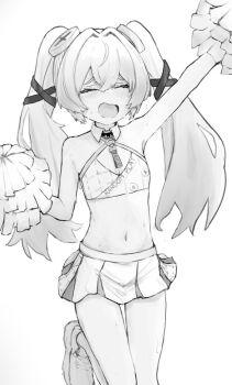 1girl alternate_costume arm_up armpits bare_arms bare_shoulders blush breasts cheering cheerleader cleavage closed_eyes commentary corin_wickes criss-cross_halter detached_collar embarrassed english_commentary feet_up flat_chest flying_sweatdrops greyscale hair_between_eyes hair_intakes hair_ornament halterneck hand_up holding holding_pom_poms loli long_hair midriff miniskirt monochrome navel necktie nullkurage open_mouth pleated_skirt pom_pom_(cheerleading) pom_poms screw screw_hair_ornament shoes short_necktie skirt small_breasts solo sports_bra standing standing_on_one_leg stomach sweat sweatdrop thigh_gap thighs twintails very_long_hair white_background white_shoes zenless_zone_zero