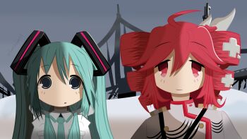 Rule 34 | 2girls, absurdres, ahoge, aqua hair, aqua necktie, blue eyes, chito (shoujo shuumatsu ryokou), coat, commentary, cosplay, drill hair, grey jacket, gun, hair between eyes, hair ornament, hatsune miku, hatsune miku (cosplay), highres, jacket, kasane teto, kasane teto (cosplay), looking at viewer, multiple girls, necktie, no nose, portrait, red eyes, red hair, red trim, santssart, shadow, shoujo shuumatsu ryokou, smile, tareme, twin drills, twintails, twitter username, utau, vocaloid, weapon, weapon on back, white coat, winter, x hair ornament, yuuri (shoujo shuumatsu ryokou)