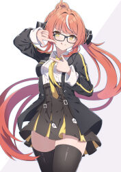 Rule 34 | 1girl, :q, black-framed eyewear, black jacket, black skirt, black thighhighs, blush, breasts, brown eyes, brown hair, closed mouth, collared shirt, commentary request, finger frame, floating hair, glasses, grey background, hands up, highres, jacket, long hair, long sleeves, multicolored hair, necktie, open clothes, open jacket, original, pleated skirt, ponytail, shirt, skirt, sleeves past wrists, small breasts, smile, solo, streaked hair, synn032, thighhighs, tongue, tongue out, two-tone background, very long hair, white background, white hair, white shirt, yellow necktie