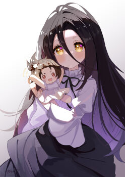 1girl absurdres black_hair black_ribbon black_skirt character_doll chinese_commentary closed_mouth collar commentary_request doll frilled_collar frills hair_between_eyes highres holding holding_doll juliet_sleeves kamisaki_hikaru long_hair long_skirt long_sleeves looking_at_viewer medalist_(manga) motion_lines neck_ribbon puffy_sleeves ribbon shirt skirt smile solo very_long_hair white_shirt ximilulu yellow_eyes yuitsuka_inori