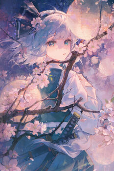 1girl ahoge bad_source blue_eyes branch cherry_blossoms flower from_behind green_skirt hair_flower hair_ornament highres knife konpaku_youmu konpaku_youmu_(ghost) lantern maccha_(mochancc) shirt skirt solo touhou white_hair white_shirt