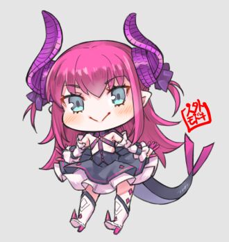 1girl asymmetrical_horns blue_eyes blush chibi commentary_request curled_horns dragon_girl dragon_horns dragon_tail dress elizabeth_bathory_(fate) elizabeth_bathory_(fate/extra) fate/extra fate/extra_ccc fate/grand_order fate_(series) flat_chest full_body horns jingai_modoki long_hair pink_hair pointy_ears smile solo spiked_boots tail uneven_horns