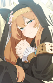 Rule 34 | 1girl, absurdres, animal ear headwear, animal ears, armlet, armor, backlighting, black coat, black coif, black veil, blue archive, blue eyes, blue neckerchief, blush, cat ears, coat, coif, commentary request, csham, fake animal ears, flower, frilled sleeves, frills, from below, from side, gold armor, hair between eyes, hair flower, hair ornament, half-closed eyes, halo, hat, hat flower, highres, jewelry, long hair, looking at viewer, mari (blue archive), neckerchief, nun, orange hair, own hands together, praying, sailor collar, smile, solo, veil, white flower, white sailor collar, yellow halo