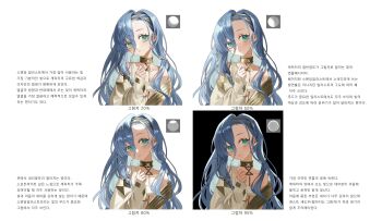 1girl 37_(reverse:1999) ancient_greek_clothes backlighting bakgae bare_shoulders blue_eyes blue_hair gold_choker greco-roman_clothes hair_between_eyes hands_up highres how_to korean_text long_hair looking_at_viewer parted_lips reverse:1999 sidelighting toga translation_request variations very_long_hair white_background