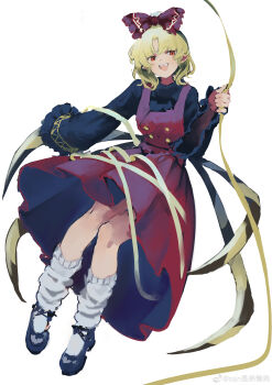 1girl :d absurdres arthropod_limbs black_shirt black_shoes blonde_hair blush bow chinese_commentary commentary_request dress extra_legs fangs full_body hair_bow highres holding holding_string kneehighs kurodani_yamame long_sleeves open_mouth orange_hair pointy_ears red_bow red_dress sancking_(fatekl) shirt shoes smile socks solo string teeth touhou upper_teeth_only watermark weibo_watermark white_socks wide_sleeves